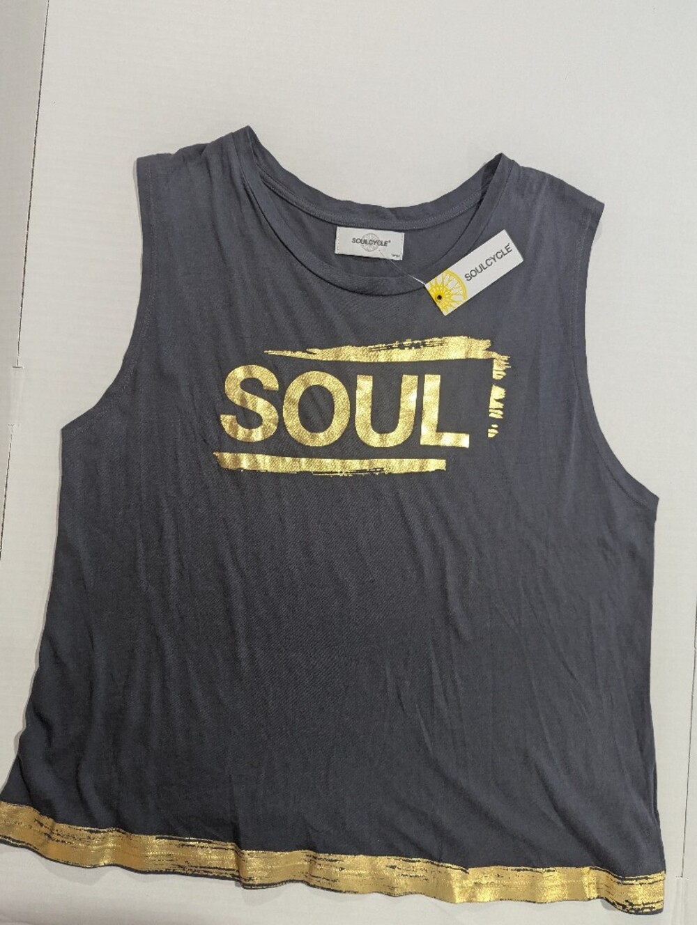 SoulCycle Tank Top Gray Gold Metallic Deco Graphic Muscle Tee Sz L *NWT